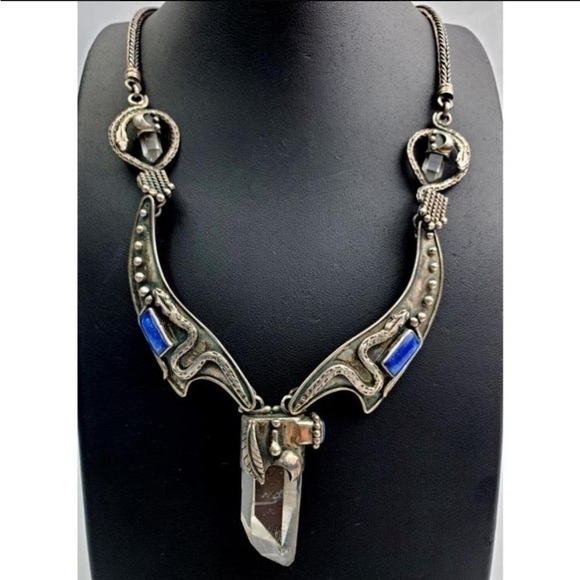 Vintage Jewelry - VINTAGE 950 silver quartz crystal lapis blue artisan Handmade bib necklace snake